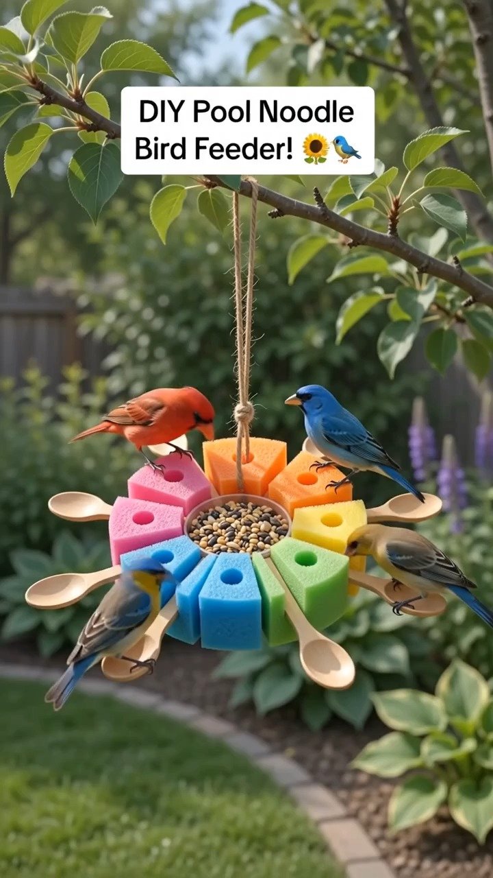 Pool-Nudel-Blumen machen einen bunten Vogelfutterspender, der einen spaßigen handgemachten Akzent im Garten setzt und gefiederte Besucher willkommen heißt.