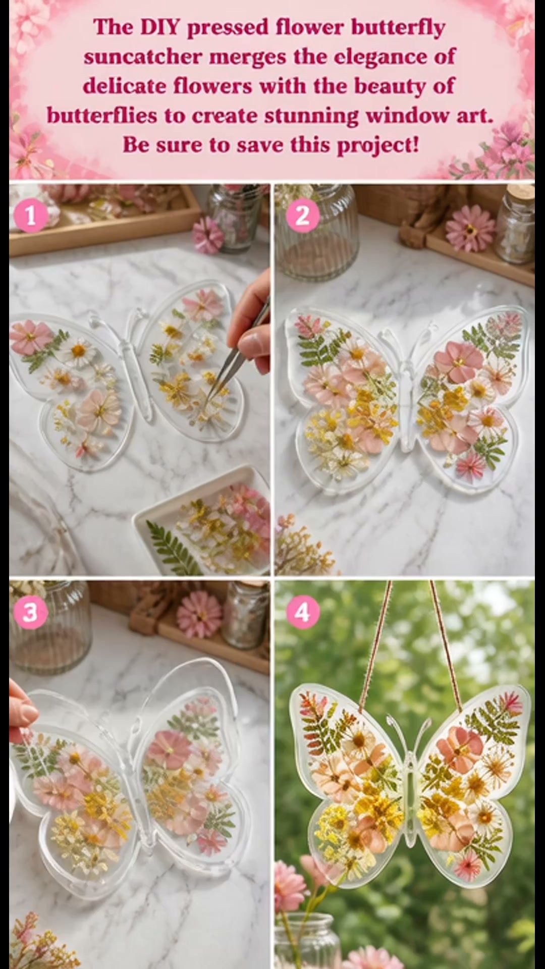 The DIY pressed flower butterfly suncatcher combines the grace of delicate flowers with the charm of butterflies to produce beautiful art for your windows. Don’t forget to save this project!
