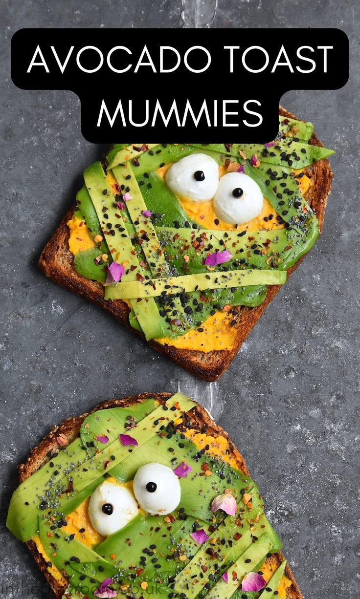 Mummy Avocado Toast Recipe for Healthy Halloween | Fall avocado toast, Frankenstein avocado toast, Halloween toast ideas
