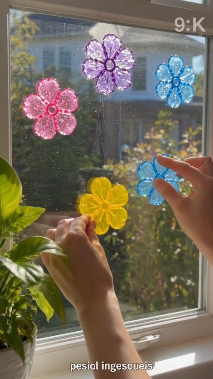 Getönter Schulkleber trocknet zu hellen, durchsichtigen Blumen, die sich leicht von Pergamentpapier abziehen lassen und jedem Fenster einen verspielten, bunten Glaslook verleihen.