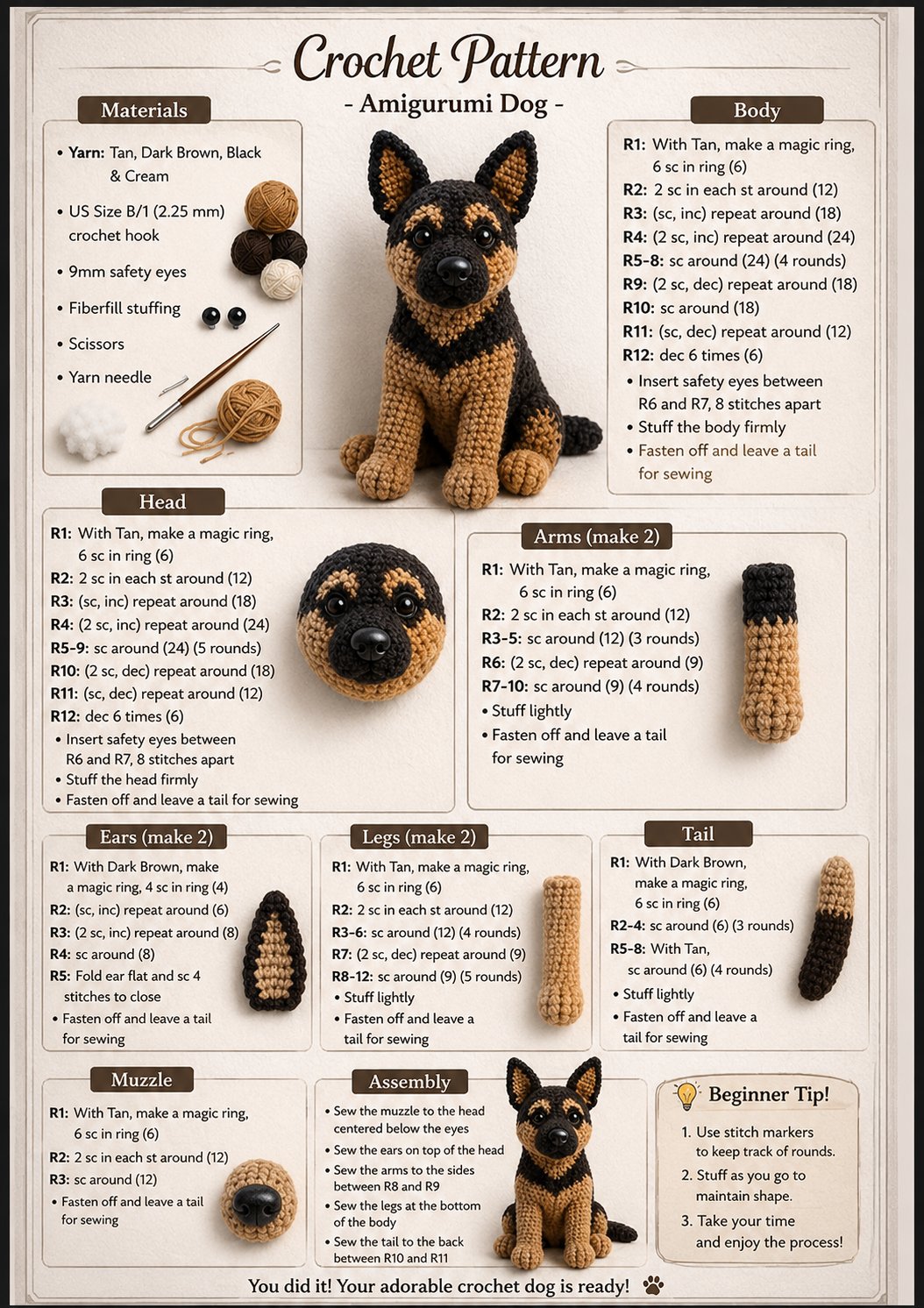 Crochet German Shepherd Amigurumi Pattern 6 Crochet Dog Pattern PDF - German Shepherd Amigurumi Pattern - Easy DIY Crochet Dog Toy