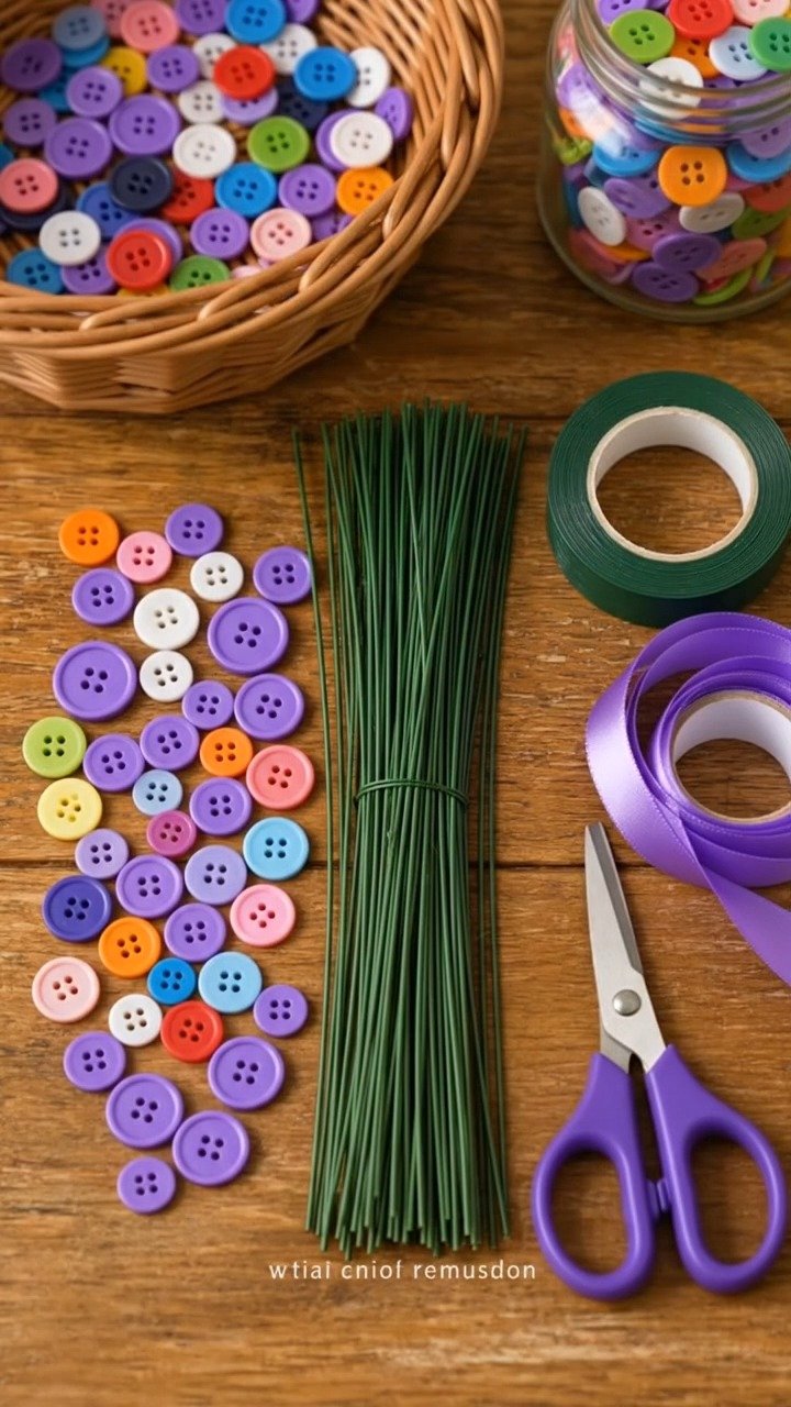 Bunte Knöpfe werden zu einem fröhlichen Lavendelstrauß, wenn sie auf Blumendraht aufgefädelt, mit grünem Tape umwickelt und mit einem lila Band verziert werden.
