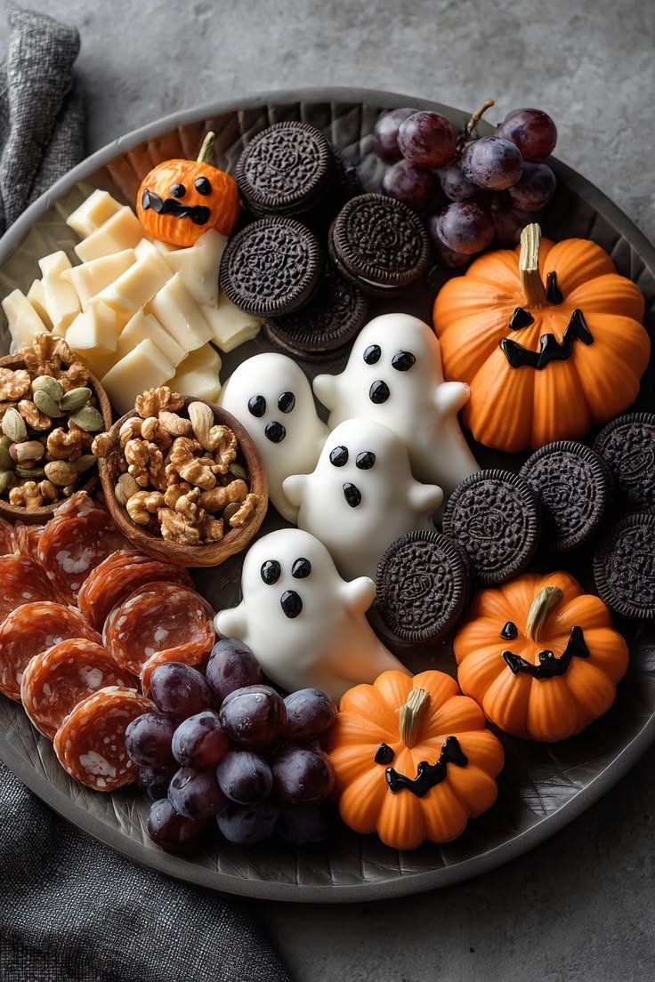 Spooky Halloween Charcuterie Board with Ghosts & Pumpkins
