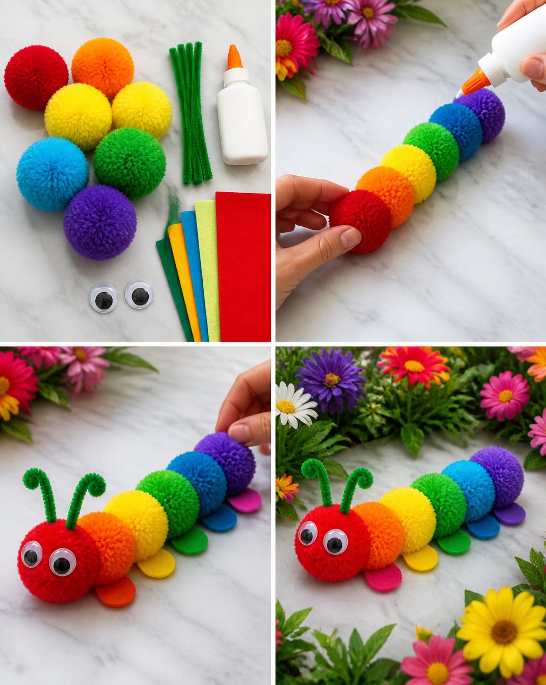 DIY Rainbow Pom-Pom Garden Caterpillar Craft