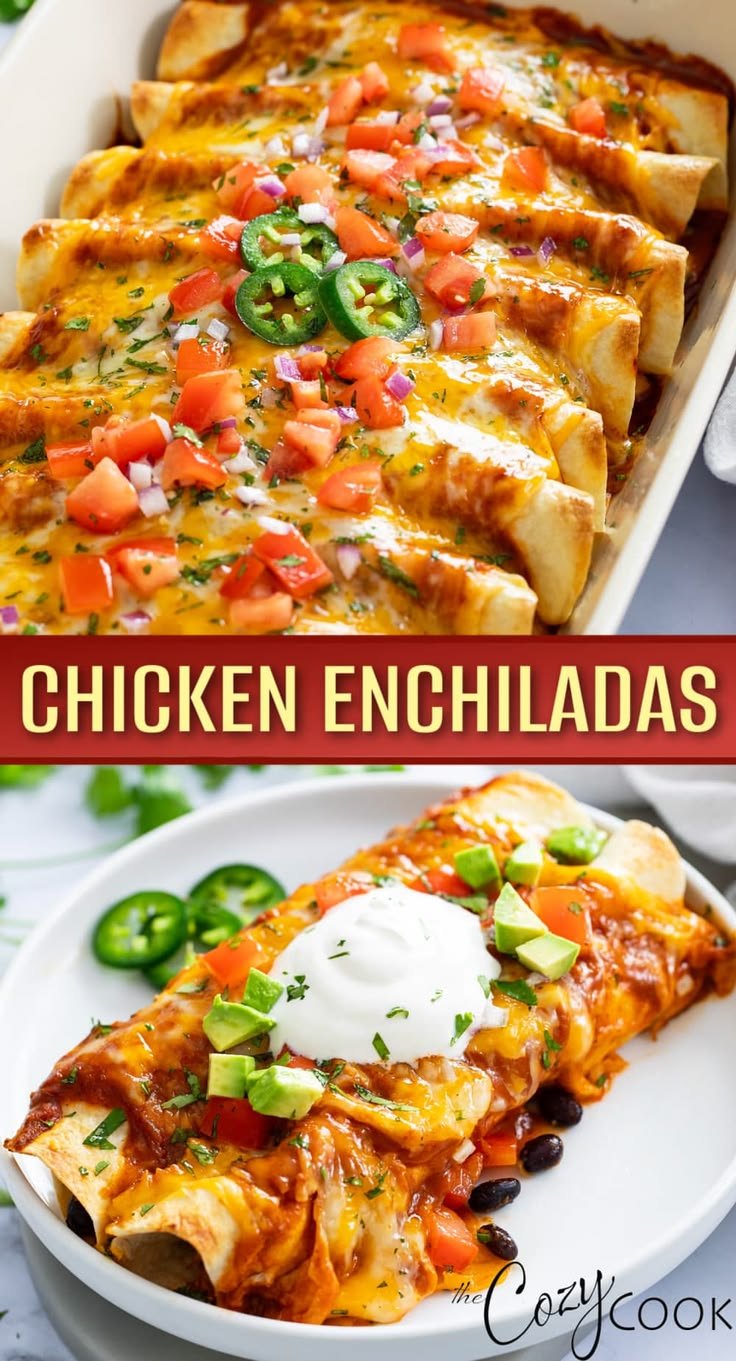 These Chicken Enchiladas are loaded with seasoned chicken, cheese, black beans, green chilis, and more. They're an easy … | Top rated chicken enchilada recipe, Chicken enchilada with rotisserie chicken, Cheesey chicken enchiladas