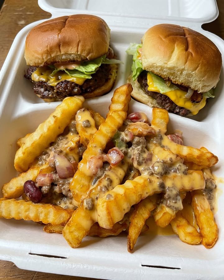 Burger with loaded fries