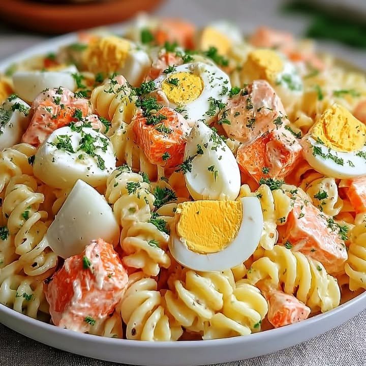 Salad of Pasta with Surimi and Hard-Boiled Eggs