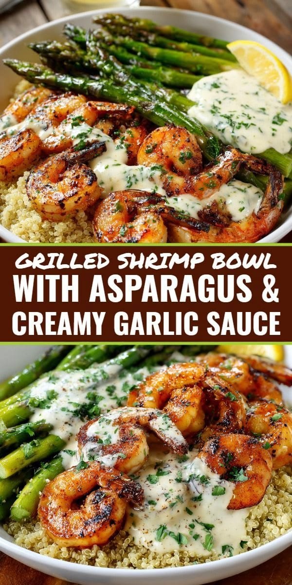 Grilled Shrimp Bowl with Asparagus & Creamy Garlic Sauce