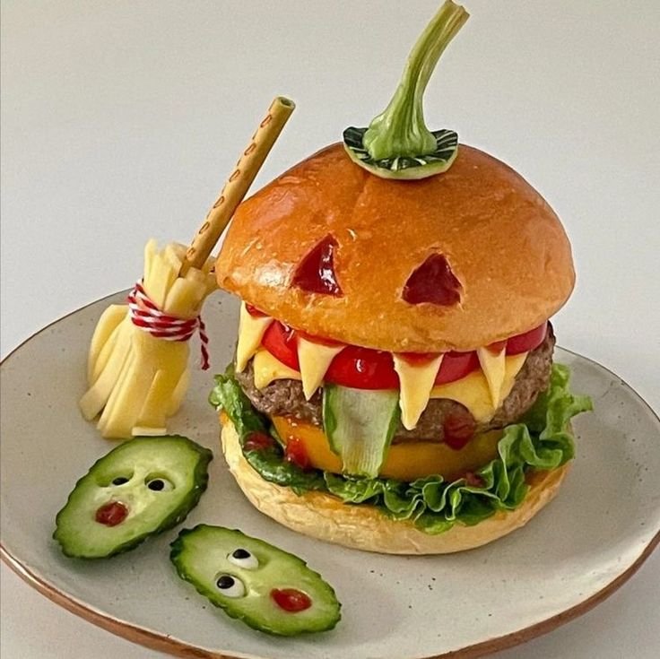 Delicious Hamburger with Cheese and Pickles | Cute food halloween, Summerween ideas food, Spooky meal inspiration
