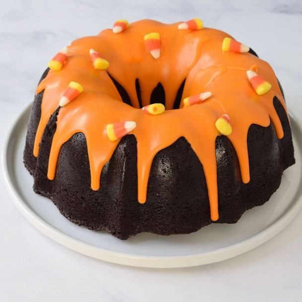 Spice up Halloween with this chocolate bundt cake with candy corn glaze