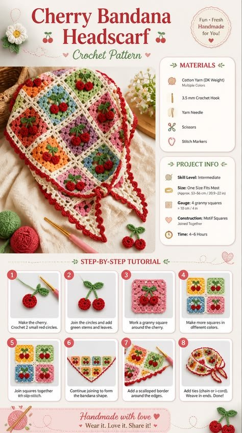 Cherry Bandana Headscarf Crochet Pattern