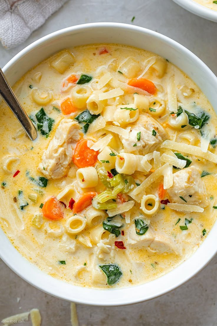 Chicken Pasta Soup Recipe | Chicken cheese soup recipes, Cheesy chicken soup in bowl, How to thicken chicken noodle soup
