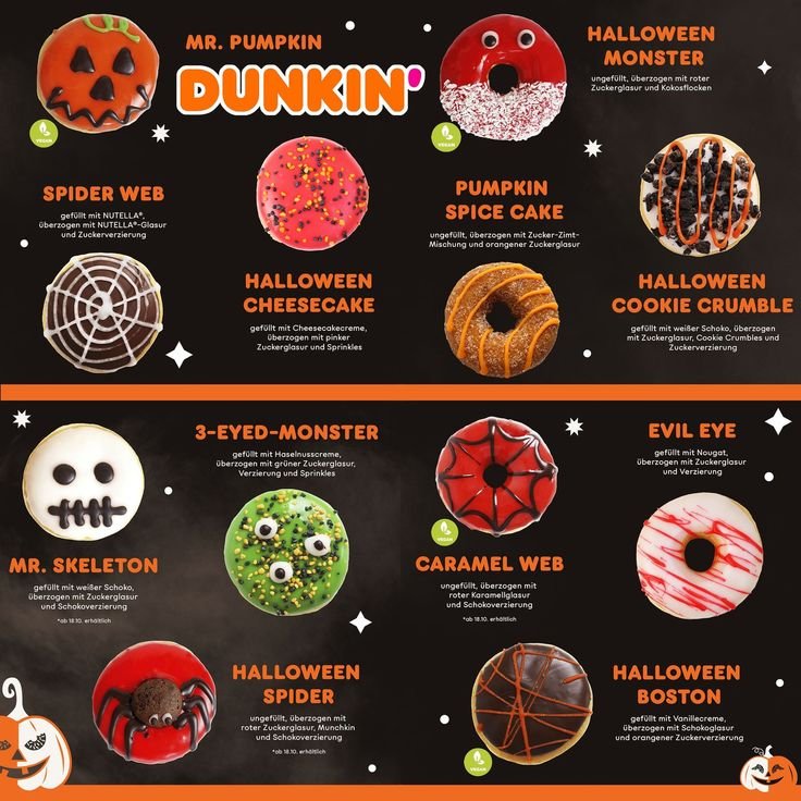 Dunkin Donuts in Austria: 12 Halloween Themed Donuts | Fall treat inspiration, Halloween party dessert ideas, Halloween-themed donuts menu