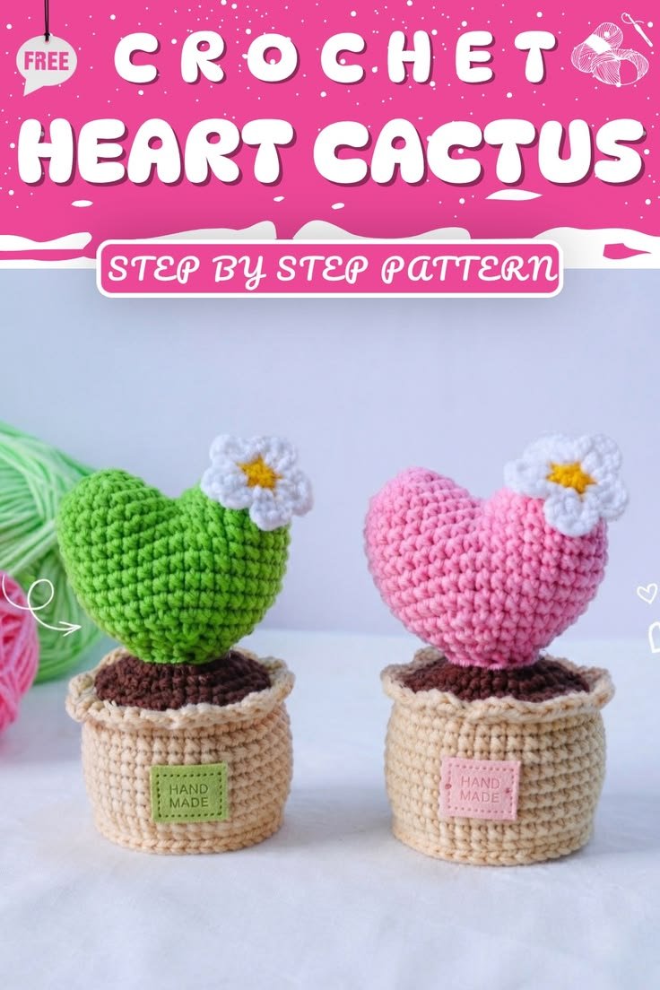 Easy Crochet Heart Cactus Free Pattern to Brighten Shelves
