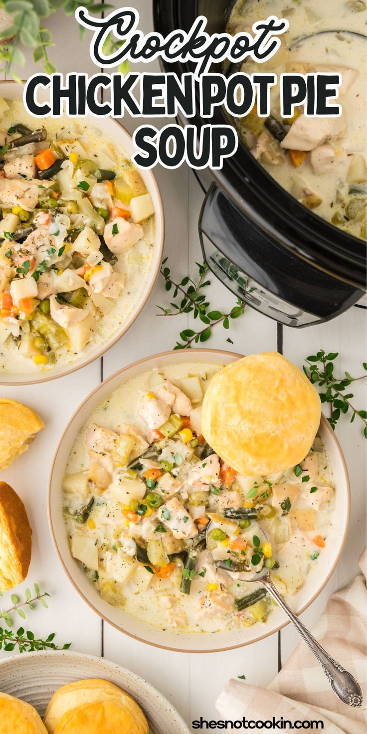 Crockpot Chicken Pot Pie Soup with Flaky Biscuits
