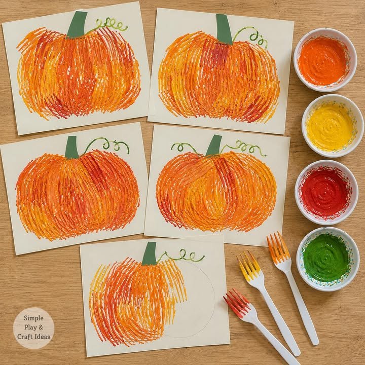 🎃🍴 Fork-Painted Pumpkins!

Dip a plastic fork into orange, yellow and red paint, then press and drag it across the paper to build up a wonderfully textured pumpkin. Add a green stalk and curly vines...