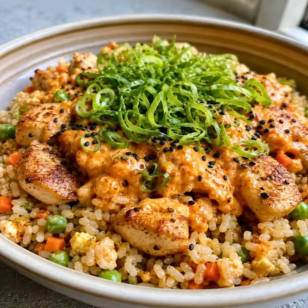 Bang Bang Fried Rice with Crispy Seared Chicken and Glossy Spicy Sauce