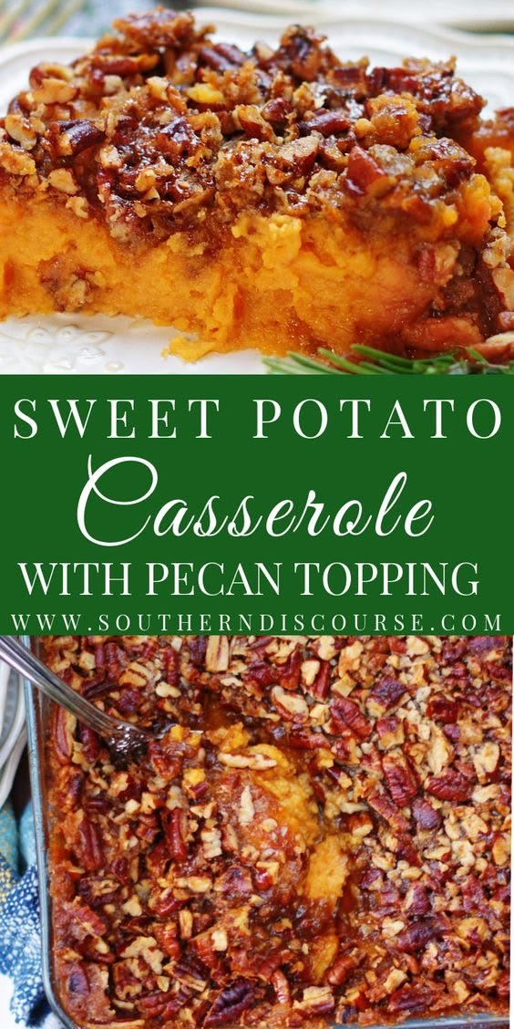 Sweet Potato Casserole with Pecan Topping - southern discourse | Baked dish with pecans, Sweet potatoes with pecans on top, Sweet potato casserole with coconut pecan topping
