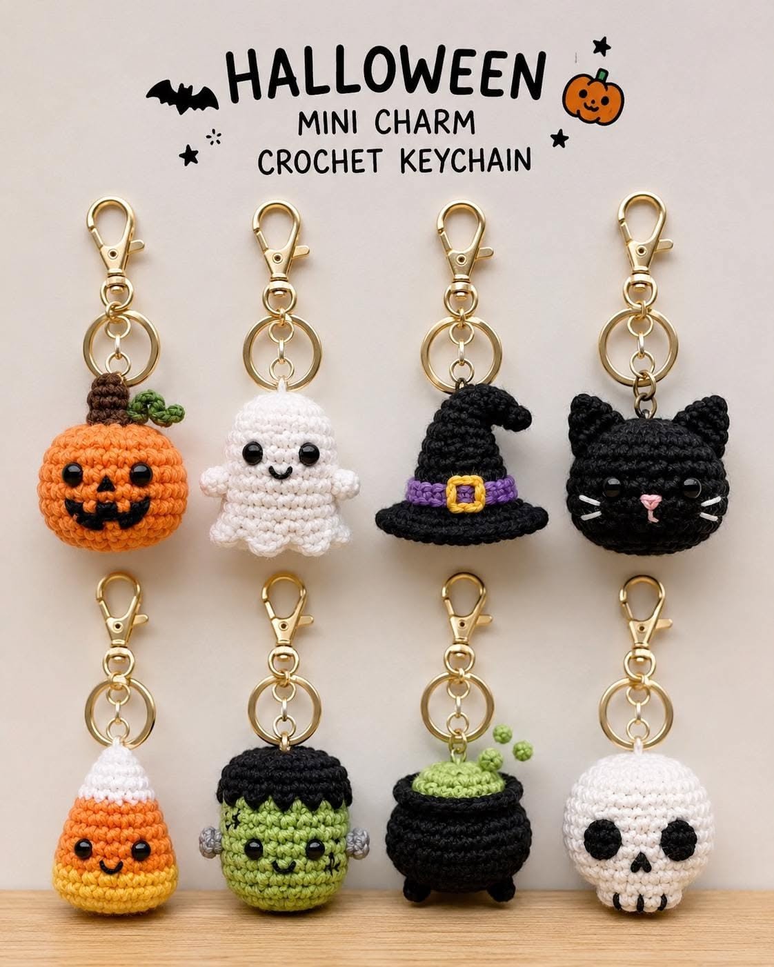 Halloween Crochet Keychain Patterns for Amigurumi 6 Halloween Crochet Keychain Pattern, Mini Amigurumi Charm Pattern, Pumpkin Ghost Witch Cat Skull Crochet, Halloween PDF Pattern