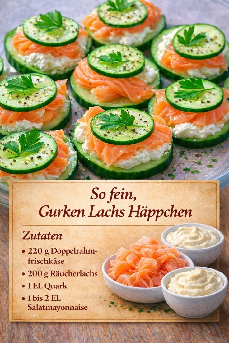 Frische Low Carb Lachs-Häppchen 🥒🐟 | Rezept | Fingerfood schnell herzhaft, Lachs häppchen, Party essen ideen