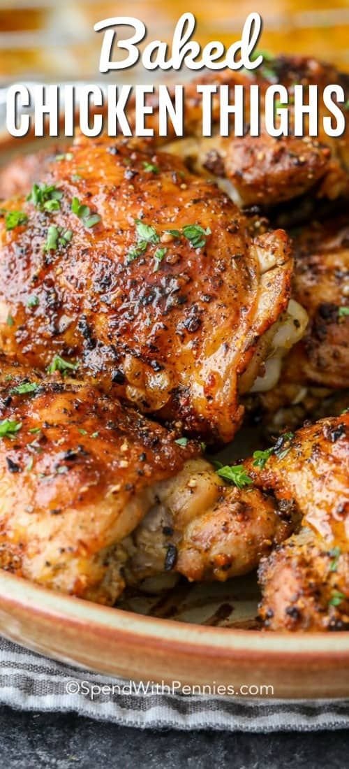 These oven baked chicken thighs are a delicious chicken dinner recipe that is both healthy and inexpensive. Serve this e… | Lemon chicken thigh recipes baked, How to make lemon chicken thighs, Lemon crusted chicken thighs