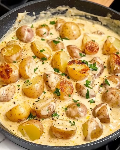 Kartoffeln in Knoblauch SahnesauceZutaten: 400 g kleine Kartoffeln, 6 Knoblauchzehen, 200 ml Sahne, 2 EL Butter, Salz, Pfeffer, Frische Petersilie (optional)Zubereitung: Die kleinen Kartoffe...