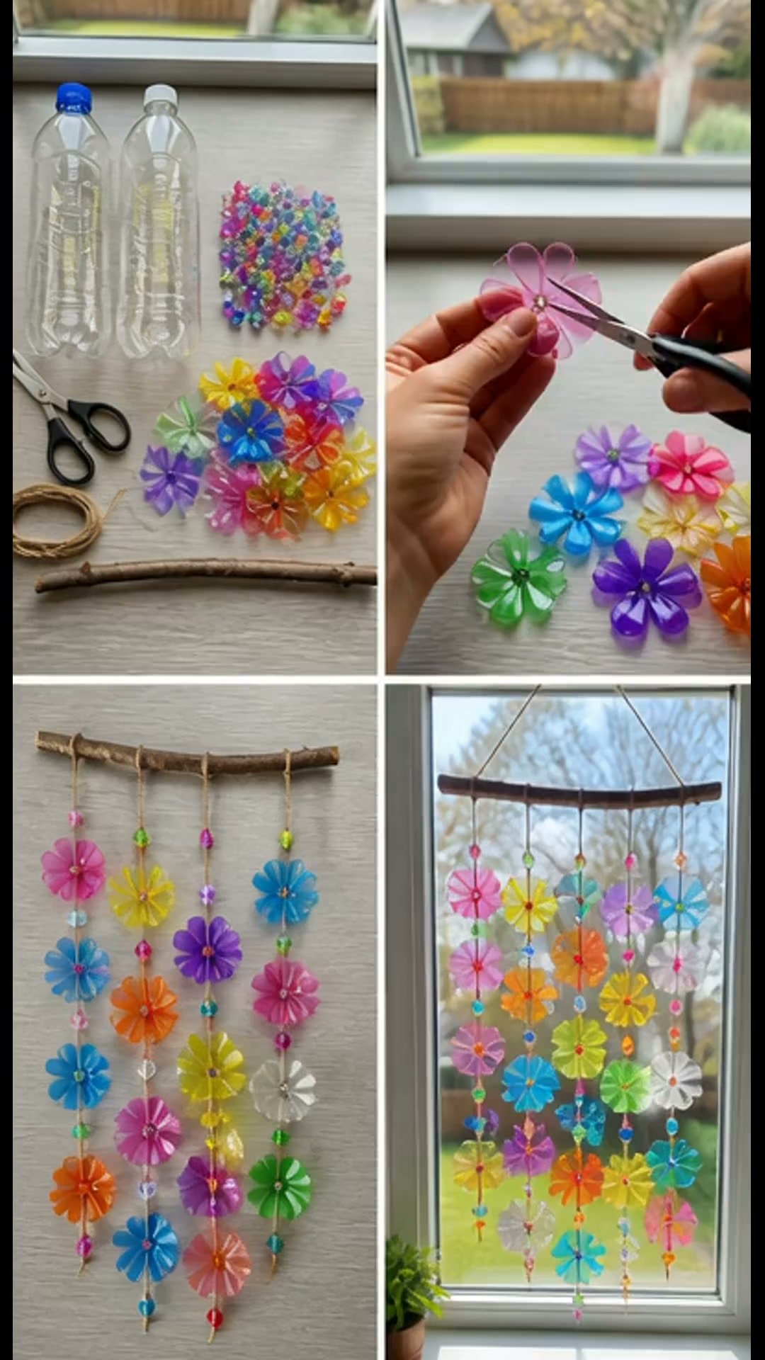 Recycled bottles are turned into vibrant window art that captures sunlight and livens up the space. It's a delightful project to work on this weekend.