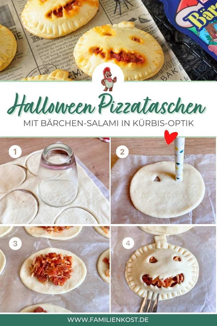 Gefüllte Halloween Pizzataschen als Fingerfood | Rezept | Halloween kinderparty essen herzhaft, Halloween mit kindern essen, Halloweenrezepte herzhaft