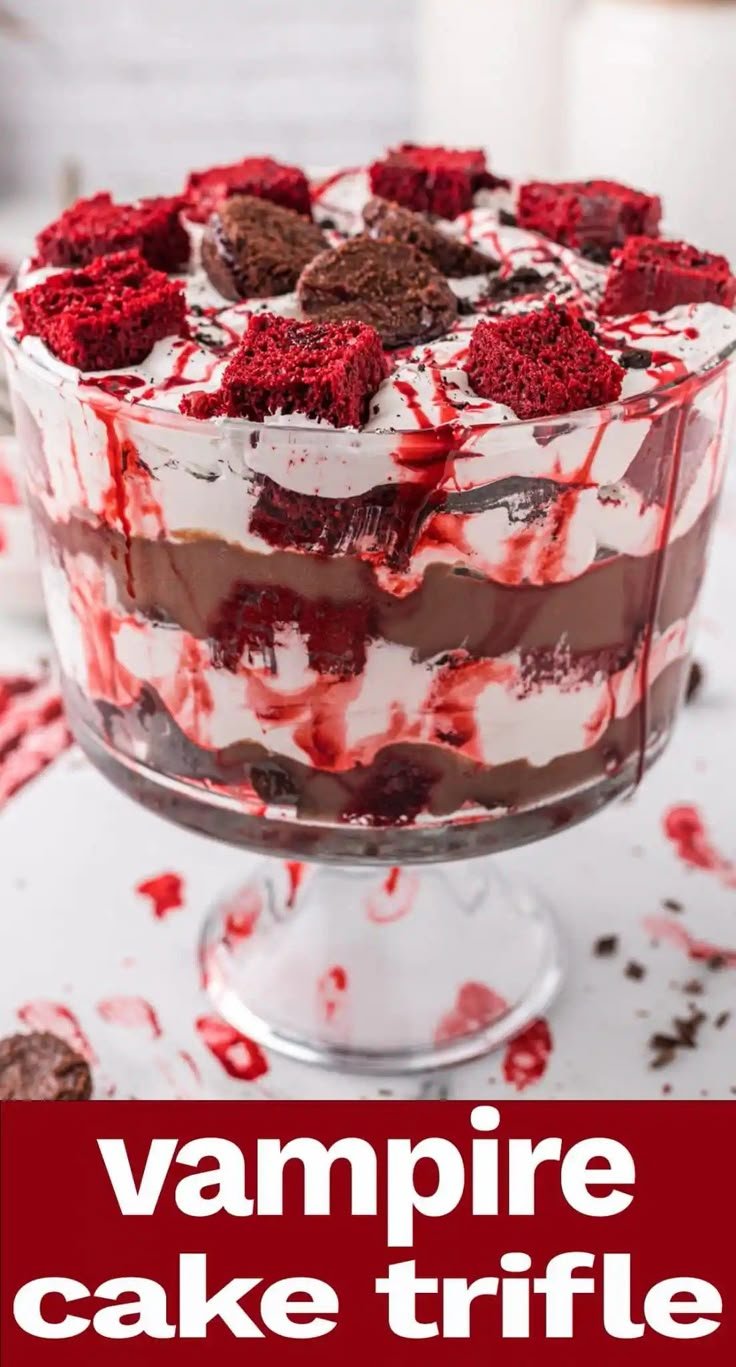 Vampire Halloween Trifle Recipe with Edible Blood | Halloween potluck, Spooky halloween desserts, Fun halloween food