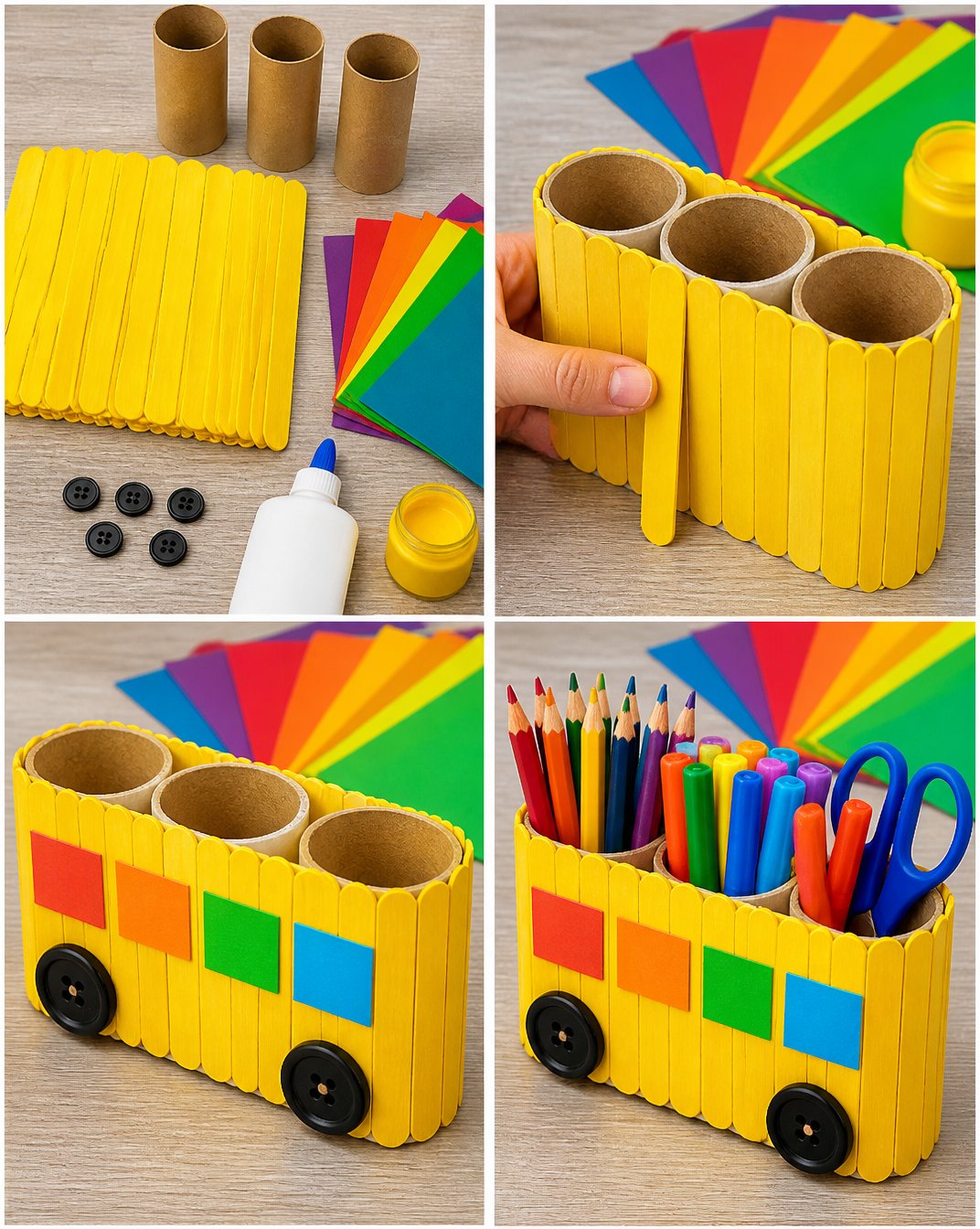 DIY Rainbow Popsicle Stick School Bus Organizer 5 DIY Rainbow Popsicle-Stick School Bus Organizer Tutorial