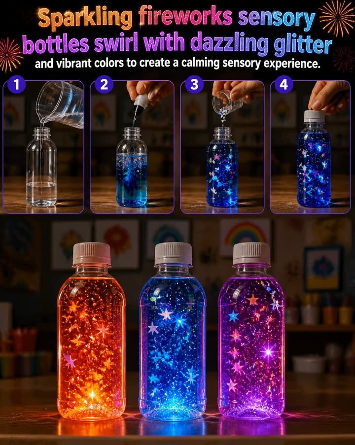 Sparkling fireworks sensory bottles swirl with shimmering glitter and bright colors, providing a soothing sensory experience.