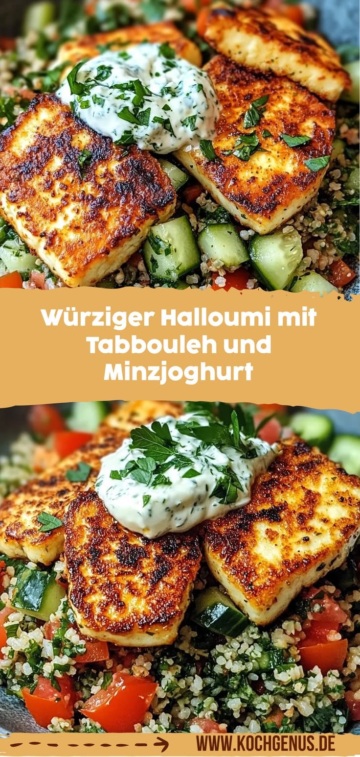 Das Beste Rezept für würzigen Halloumi mit Tabbouleh und Minzjoghurt