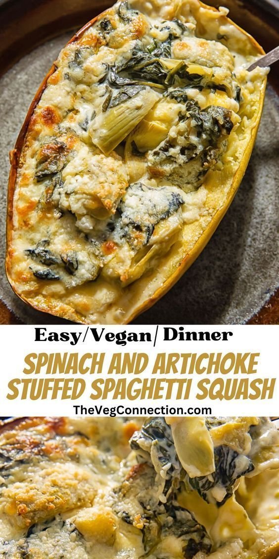 Spinach and Artichoke Stuffed Spaghetti Squash Recipe | Healthy Squash Recipes, Spaghetti Squash Sides, Savory Vegetarian Recipes