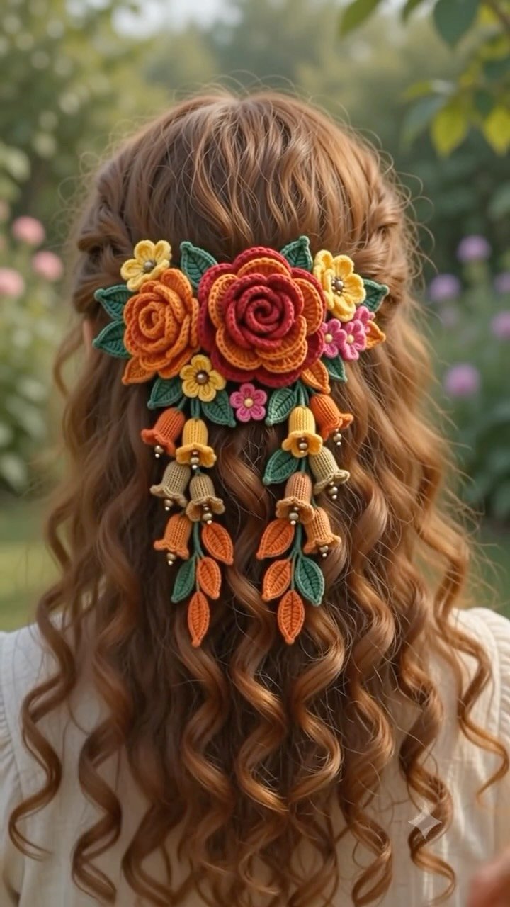 Crochet hairpiece featuring textured roses and bellflowers