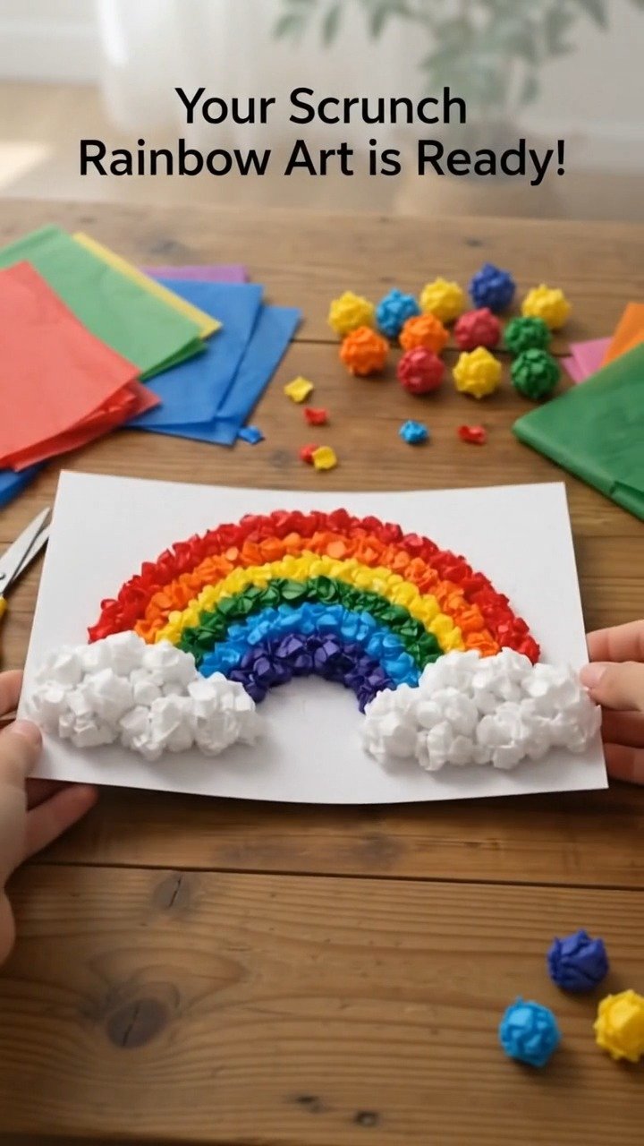 Zusammengedrückte Stücke von Serviettenpapier verleihen diesem einfachen Kunstprojekt für Kinder weiche Textur und leuchtende Farbe.