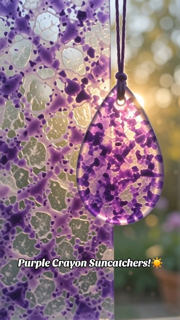 Geschmolzene lila Buntstiftstücke erzeugen einen reichen Glasmalerei-Effekt in diesem einfachen Sonnenfänger-Projekt, das mit kräftigen Farben und leuchtender Textur gefüllt ist.