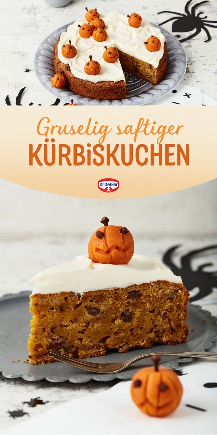 Saftiger Kürbiskuchen mit Frischkäsetopping als Halloween Kuchen einfach mit Halloween Deko einfach