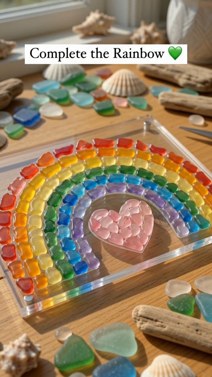Eine Handvoll Meerglas vereint sich zu einem strahlenden Regenbogen-Sonnenscheinfänger, der das Licht in jedem Fenster wunderschön einfängt.