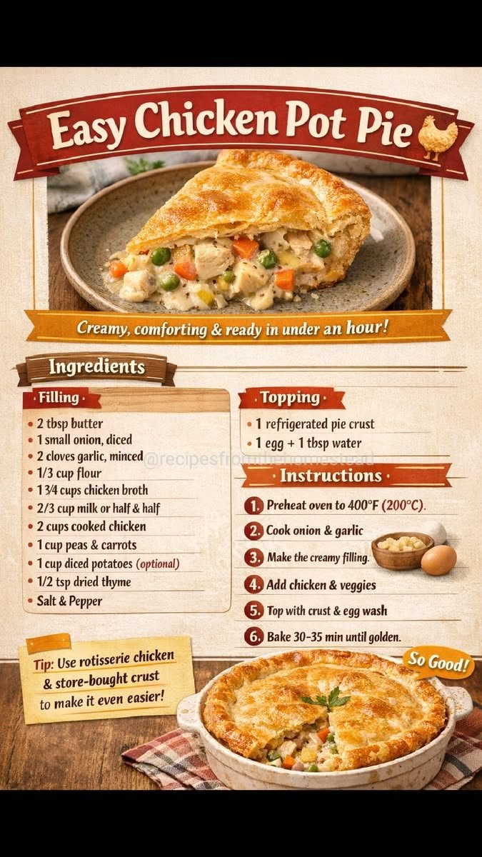 47K views · 153 reactions | Golden, flaky crust. Creamy, cozy filling. 🥧 This easy chicken pot pie tastes like Sunday dinner but comes together in under an hour. Perfect for busy weeknights when you  | Recipes From The Homestead