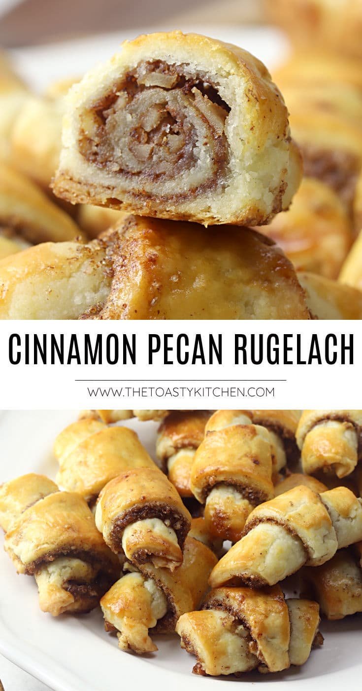 Cinnamon Pecan Rugelach Recipe - by The Toasty Kitchen. Cinnamon pecan rugelach are buttery, flaky crescent-shaped pastries.