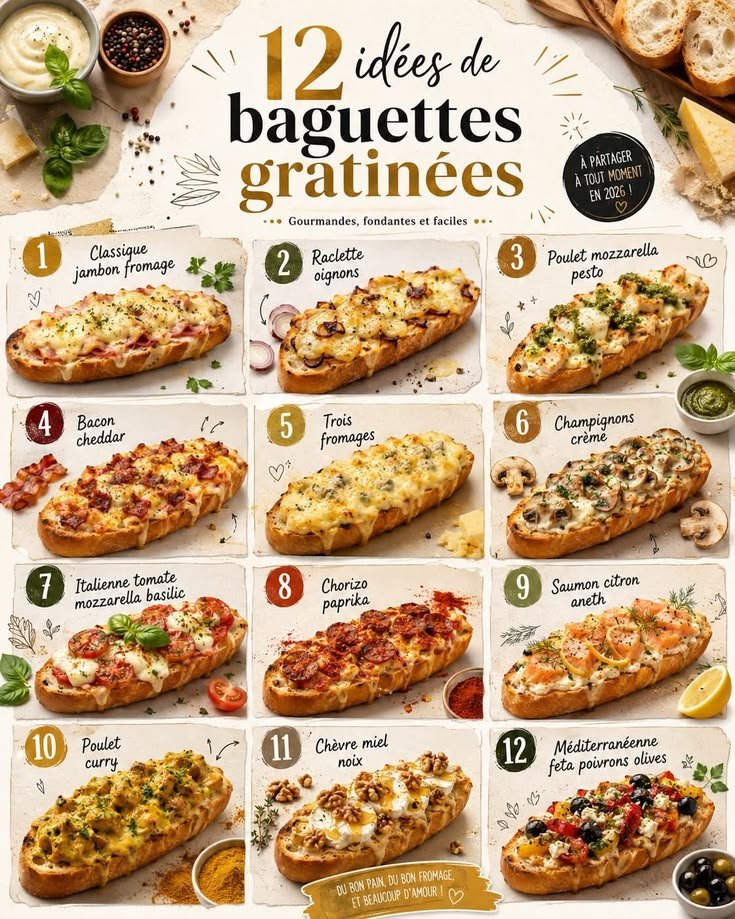 Recette - 🥖 12 Baguettes Gratinées avec des associations qui changent du classique : jambon fromage, raclette oignons, … | Baguette garnie, Recettes
