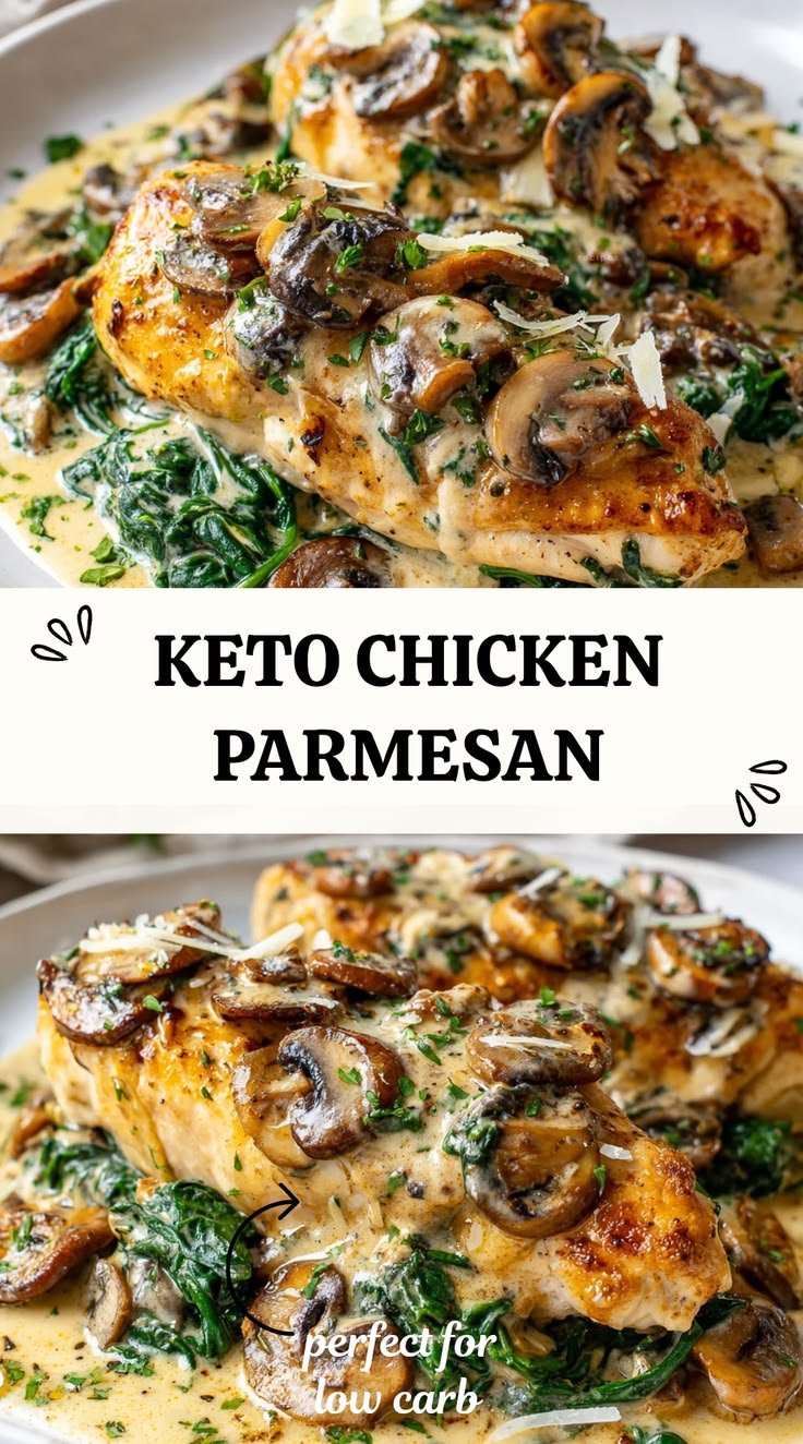 Keto Chicken Parmesan Spinach Mushroom Dinner for Low Carb