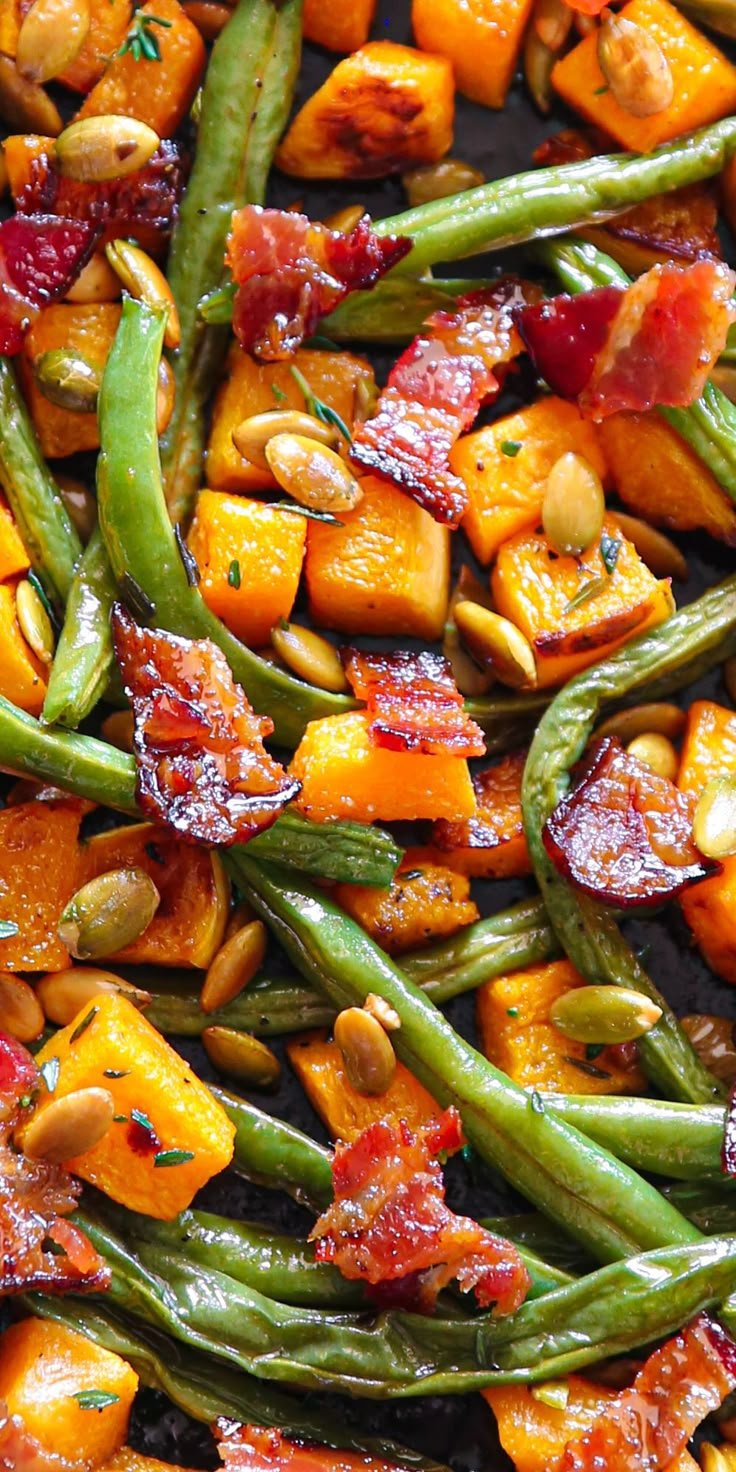 Roasted Green Beans and Butternut Squash with Bacon and Pumpkin Seeds
