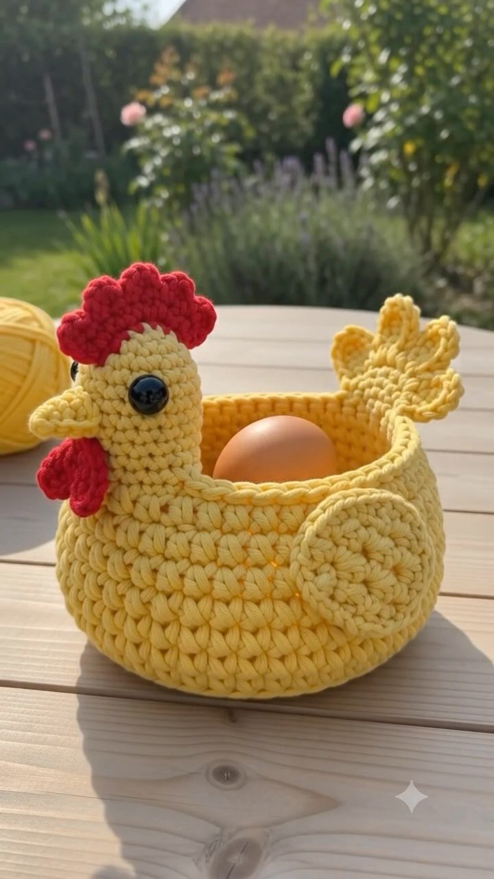 Bring a touch of cozy farmhouse charm to your kitchen with this handmade yellow crochet chicken basket! 🐣💛 Perfect for gathering fresh eggs or adding a cute rustic vibe to your picnic table.

#croch...