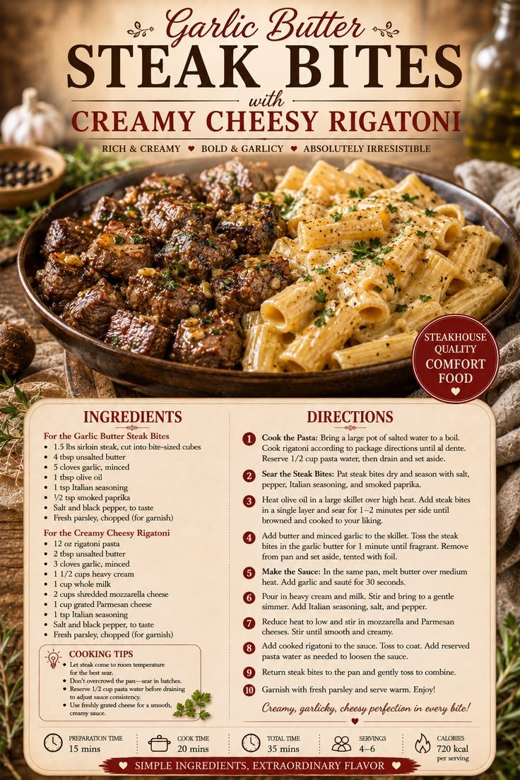 Garlic Butter Steak Bites with Creamy Cheesy Rigatoni