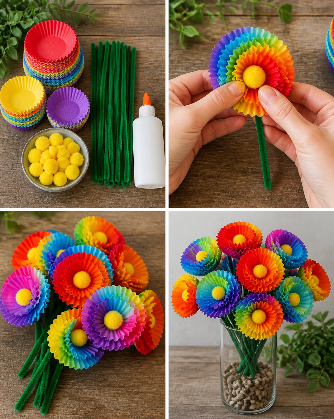 DIY Tropical Flower Bouquet with Rainbow Cupcake Liners 16 DIY Tropical Flower Bouquet Using Rainbow Cupcake Liners