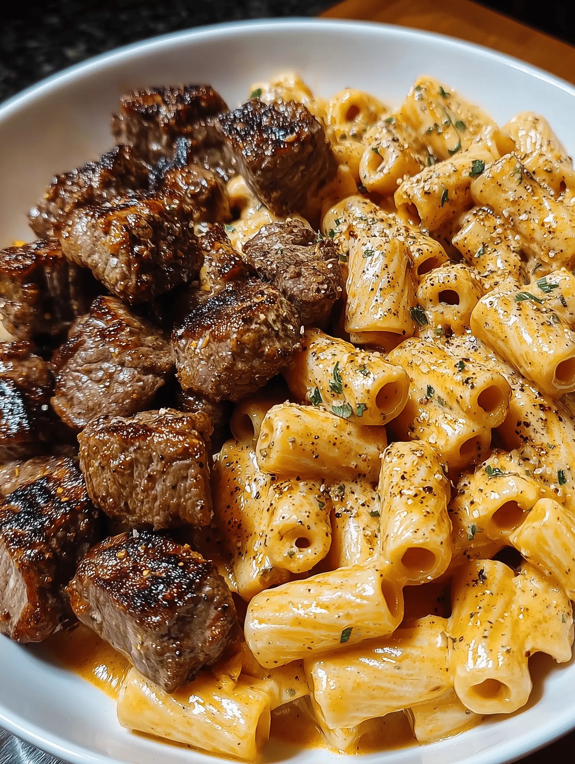Cajun Steak Tips in Cheesy Rigatoni Parmesan Sauce