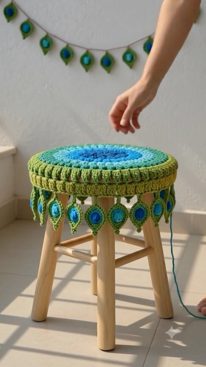 Crochet Decor Piece in Peacock Colors for Elegant Home