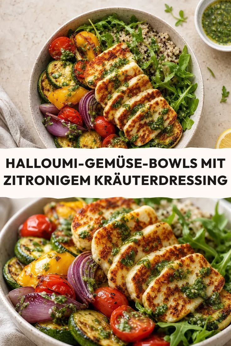 Halloumi-Gemüse-Bowls mit Kräuterdressing – Meal Prep in 40 Min.