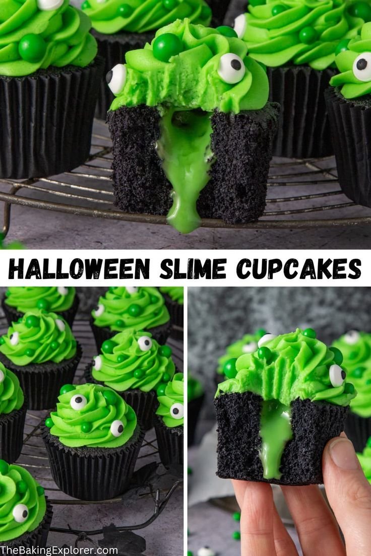 Recipe for Halloween Slime Cupcakes - black vanilla sponge, bright green buttercream, and creepy candy eyes. Filled with… | Slime cupcake ideas, Slime themed cupcakes, Halloween cupcakes